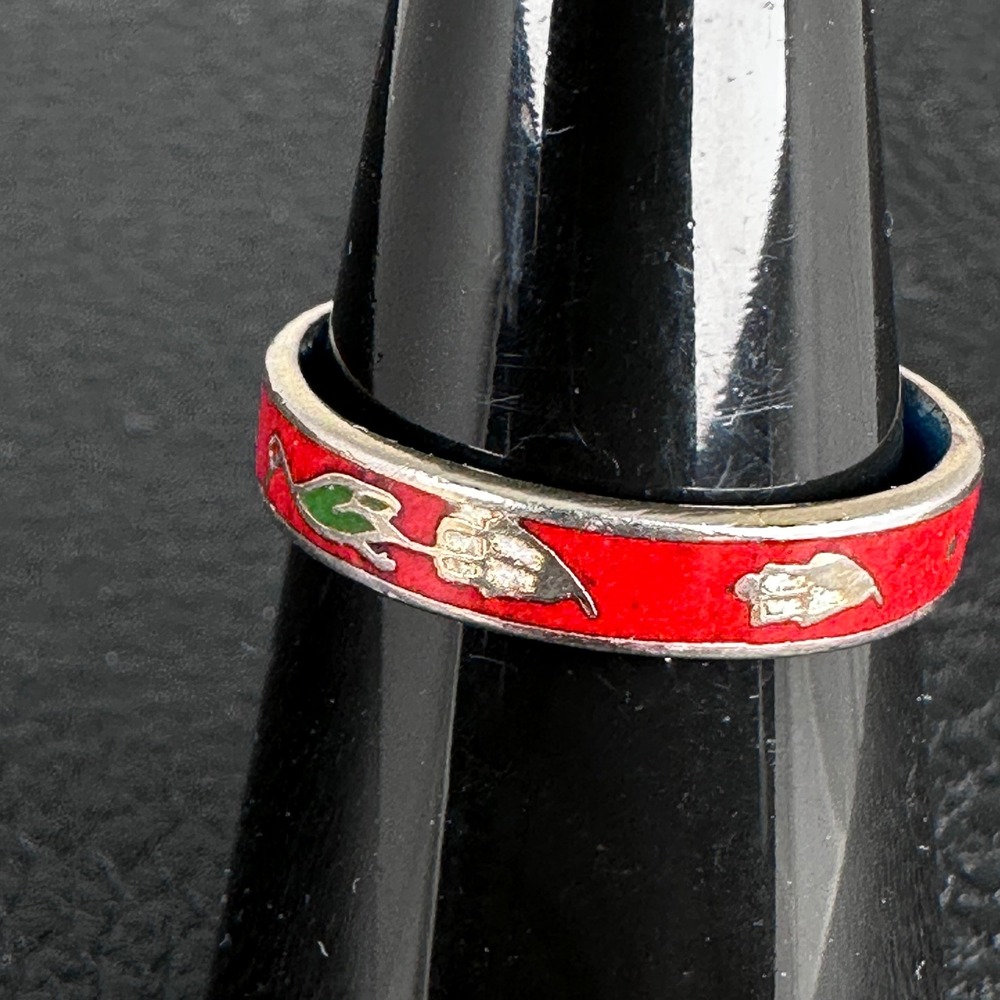 Vintage Cloisonne Enamel Ring Red Blue Interior Green Birds Size 7 4mm‎ Band